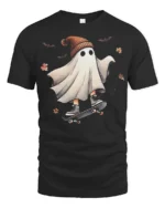 Funny Skater Ghost Halloween T-Shirt Cool Fall Vibes - black t-shirt on white background