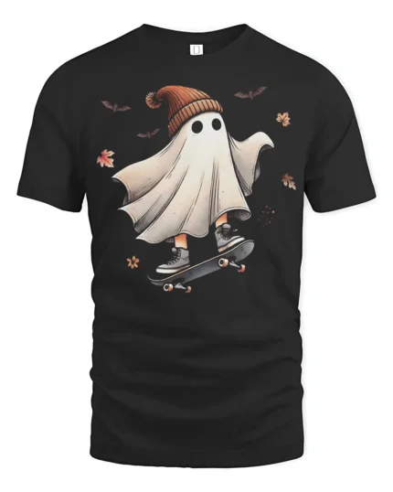 Funny Skater Ghost Halloween T-Shirt Cool Fall Vibes - black t-shirt on white background