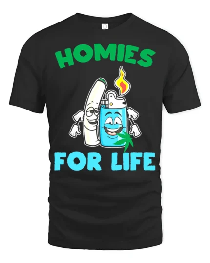 Homies for Life Funny Weed T-Shirt Cartoon Blunt Lighter Tee - black t-shirt on white background