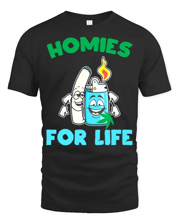 Homies for Life Funny Weed T-Shirt Cartoon Blunt Lighter Tee - black t-shirt on white background