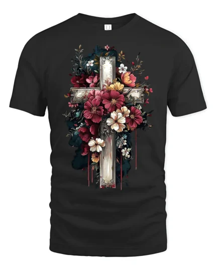 Floral Cross T-Shirt  Artistic Faith Design on Soft Tee - black t-shirt on white background