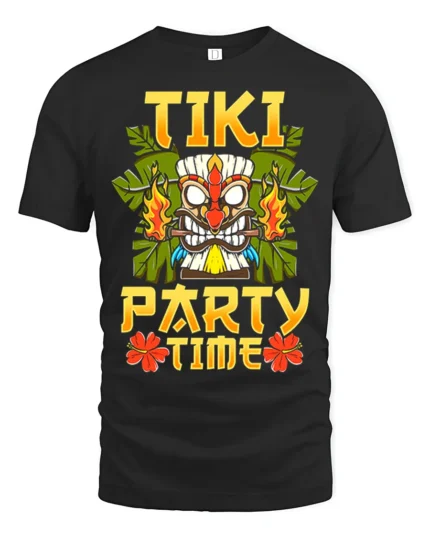 Tiki Party Time T-Shirt Tropical Luau Fun Island Tee - black t-shirt on white background