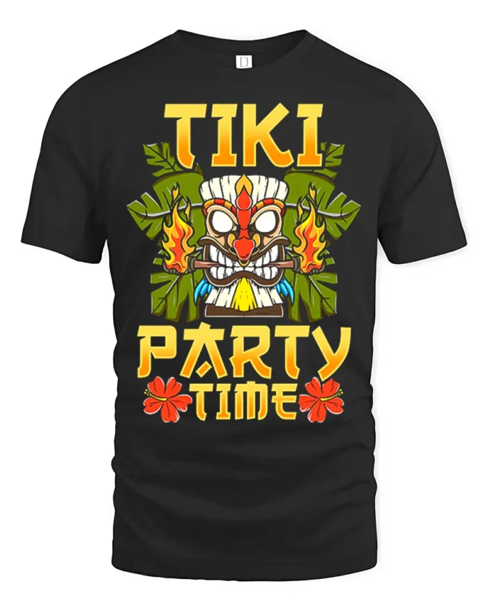Tiki Party Time T-Shirt Tropical Luau Fun Island Tee - black t-shirt on white background
