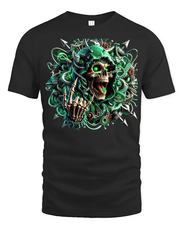 Cyber Reaper Skull T-Shirt Glowing Neon Grim Design - black t-shirt on white background