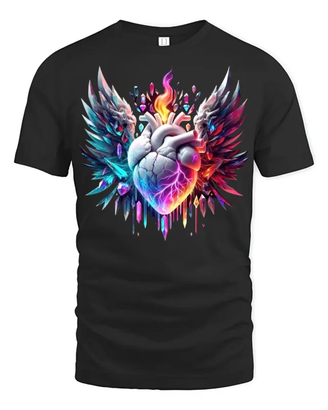 Winged Flaming Heart T-Shirt Crystal Fantasy Tee - black t-shirt on white background