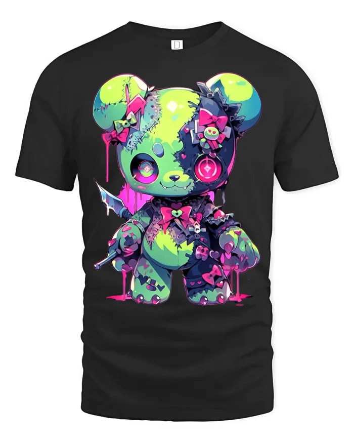Neon Psycho Teddy Bear T-Shirt Kawaii Horror Style Tee - black t-shirt on white background