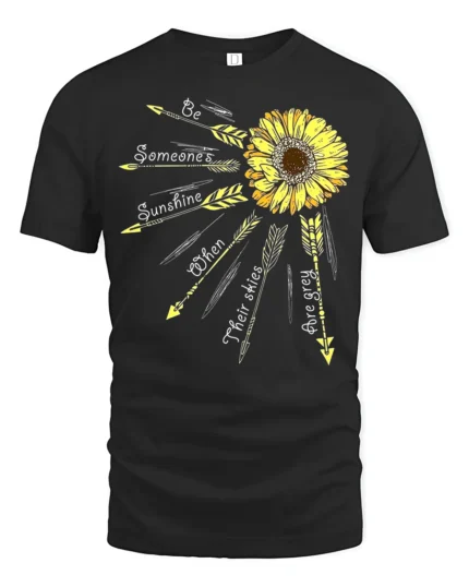 Sunshine Quote T-Shirt with Arrows and Sunflower Art - black t-shirt on white background