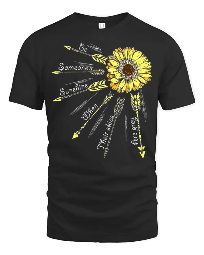 Sunshine Quote T-Shirt with Arrows and Sunflower Art - black t-shirt on white background
