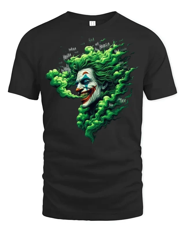 Evil Clown Laugh T-Shirt Haunting Green Smoke Tee - black t-shirt on white background