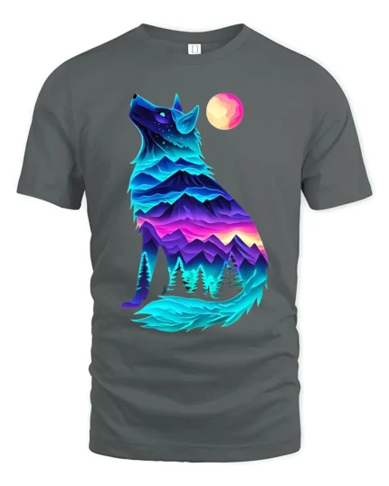 Neon Wolf Landscape Graphic T-Shirt for Nature Lovers - gray t-shirt on white background