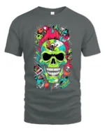 Neon Skull Explosion T-Shirt Colorful Punk Horror Tee - gray t-shirt on white background