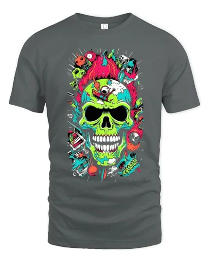 Neon Skull Explosion T-Shirt Colorful Punk Horror Tee - gray t-shirt on white background
