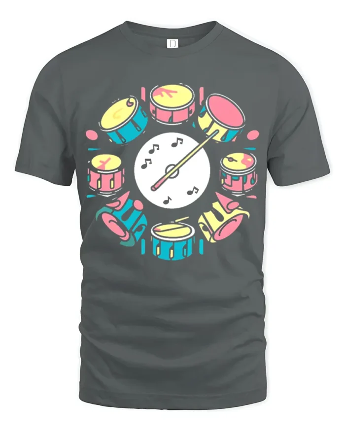 Colorful Drum Set Graphic T-Shirt Musician Gift Tee - gray t-shirt on white background