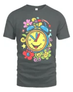 Colorful Happy Alarm Clock T-Shirt Retro Cartoon Tee - gray t-shirt on white background