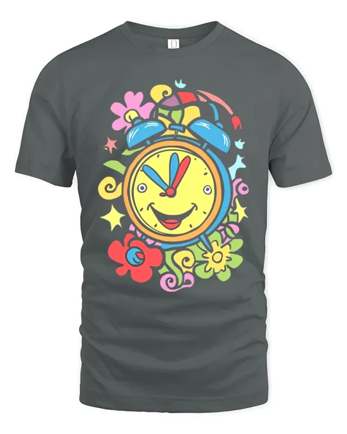 Colorful Happy Alarm Clock T-Shirt Retro Cartoon Tee - gray t-shirt on white background