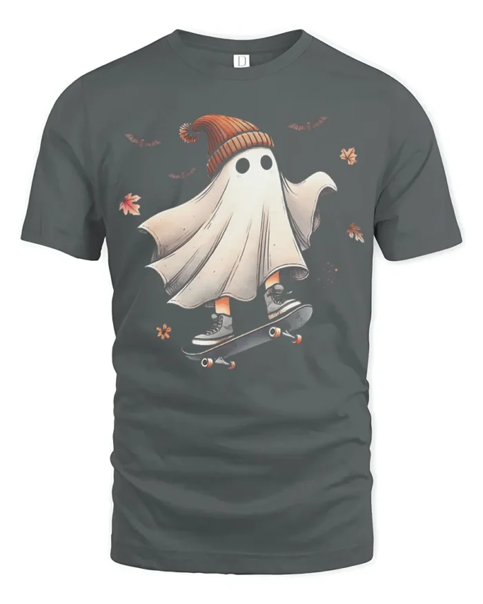 Funny Skater Ghost Halloween T-Shirt Cool Fall Vibes - gray t-shirt on white background