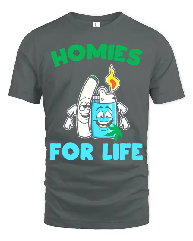 Homies for Life Funny Weed T-Shirt Cartoon Blunt Lighter Tee - gray t-shirt on white background