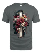 Floral Cross T-Shirt Artistic Faith Design on Soft Tee - gray t-shirt on white background