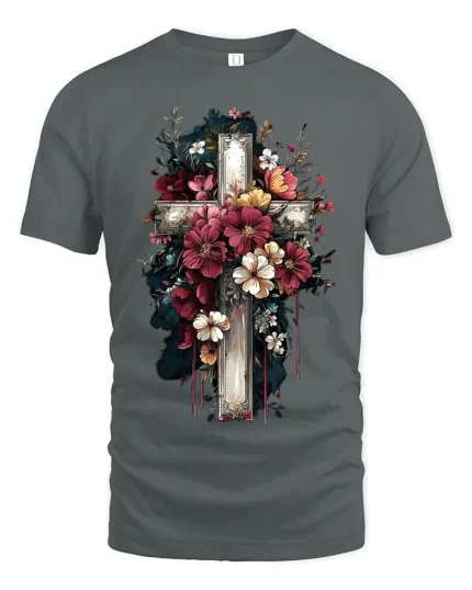 Floral Cross T-Shirt  Artistic Faith Design on Soft Tee - gray t-shirt on white background