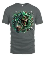 Cyber Reaper Skull T-Shirt Glowing Neon Grim Design - gray t-shirt on white background