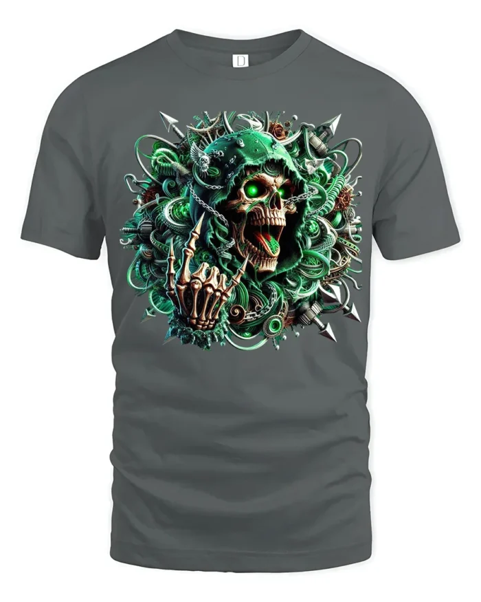 Cyber Reaper Skull T-Shirt Glowing Neon Grim Design - gray t-shirt on white background