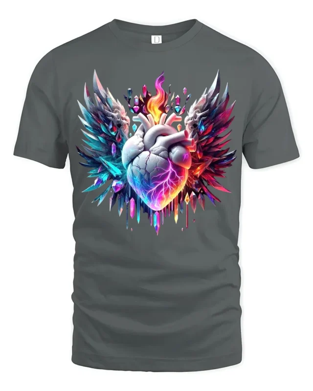 Winged Flaming Heart T-Shirt Crystal Fantasy Tee - gray t-shirt on white background