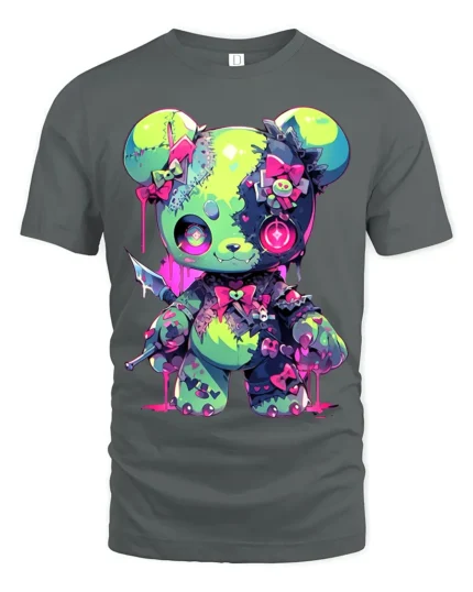 Neon Psycho Teddy Bear T-Shirt Kawaii Horror Style Tee - gray t-shirt on white background