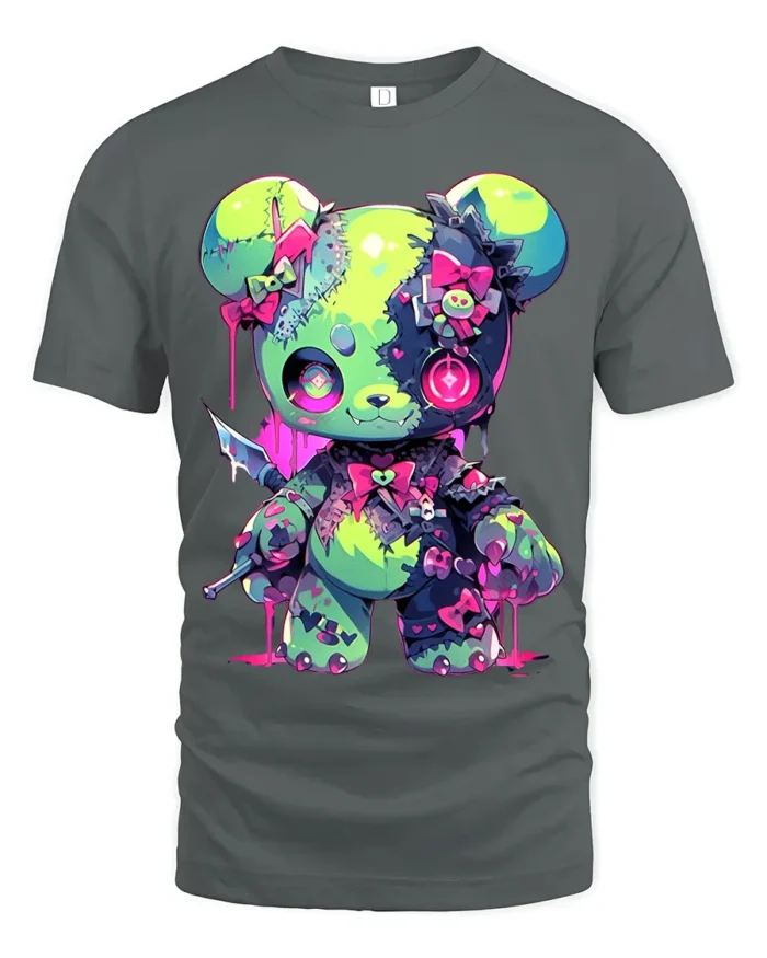 Neon Psycho Teddy Bear T-Shirt Kawaii Horror Style Tee - gray t-shirt on white background