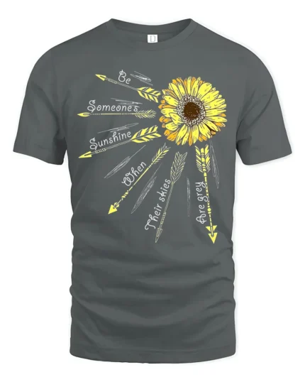 Sunshine Quote T-Shirt with Arrows and Sunflower Art - gray t-shirt on white background