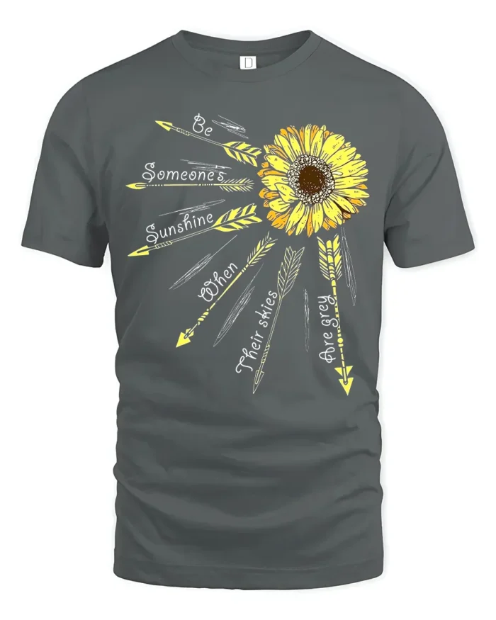 Sunshine Quote T-Shirt with Arrows and Sunflower Art - gray t-shirt on white background