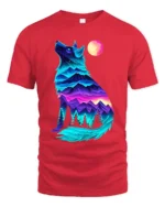 Neon Wolf Landscape Graphic T-Shirt for Nature Lovers - red t-shirt on white background