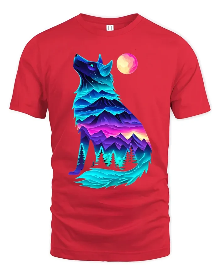 Neon Wolf Landscape Graphic T-Shirt for Nature Lovers - red t-shirt on white background