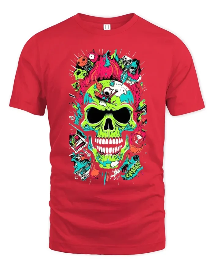 Neon Skull Explosion T-Shirt Colorful Punk Horror Tee - red t-shirt on white background