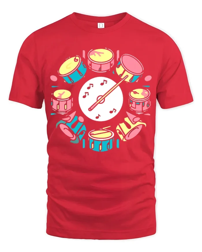 Colorful Drum Set Graphic T-Shirt Musician Gift Tee - red t-shirt on white background