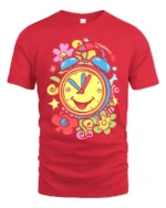 Colorful Happy Alarm Clock T-Shirt Retro Cartoon Tee - red t-shirt on white background