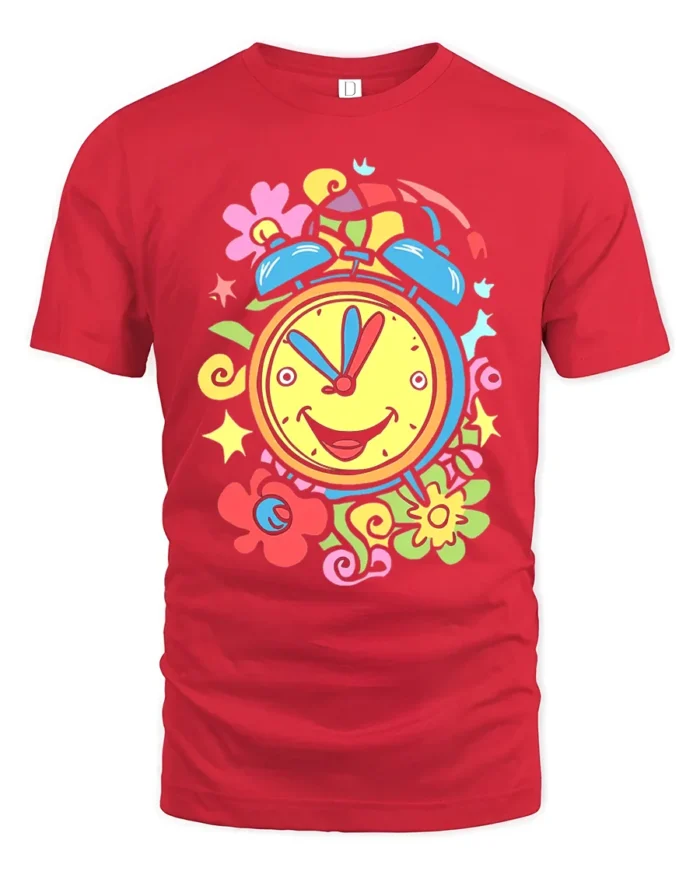 Colorful Happy Alarm Clock T-Shirt Retro Cartoon Tee - red t-shirt on white background
