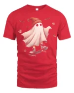 Funny Skater Ghost Halloween T-Shirt Cool Fall Vibes - red t-shirt on white background