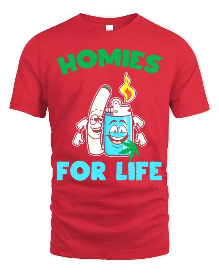 Homies for Life Funny Weed T-Shirt Cartoon Blunt Lighter Tee - red t-shirt on white background