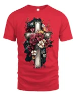 Floral Cross T-Shirt Artistic Faith Design on Soft Tee - red t-shirt on white background