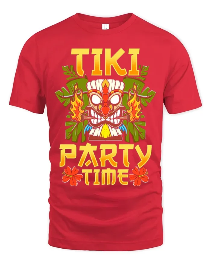 Tiki Party Time T-Shirt Tropical Luau Fun Island Tee - red t-shirt on white background