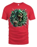 Cyber Reaper Skull T-Shirt Glowing Neon Grim Design - red t-shirt on white background