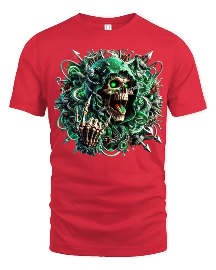 Cyber Reaper Skull T-Shirt Glowing Neon Grim Design - red t-shirt on white background