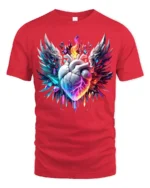 Winged Flaming Heart T-Shirt Crystal Fantasy Tee - red t-shirt on white background
