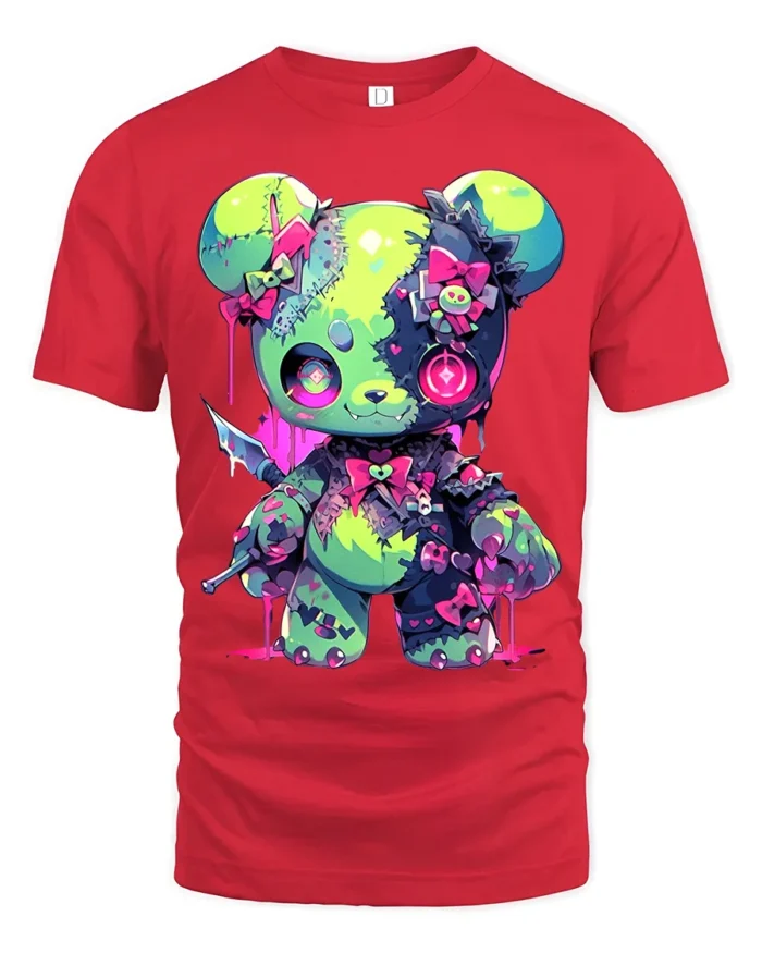Neon Psycho Teddy Bear T-Shirt Kawaii Horror Style Tee - red t-shirt on white background
