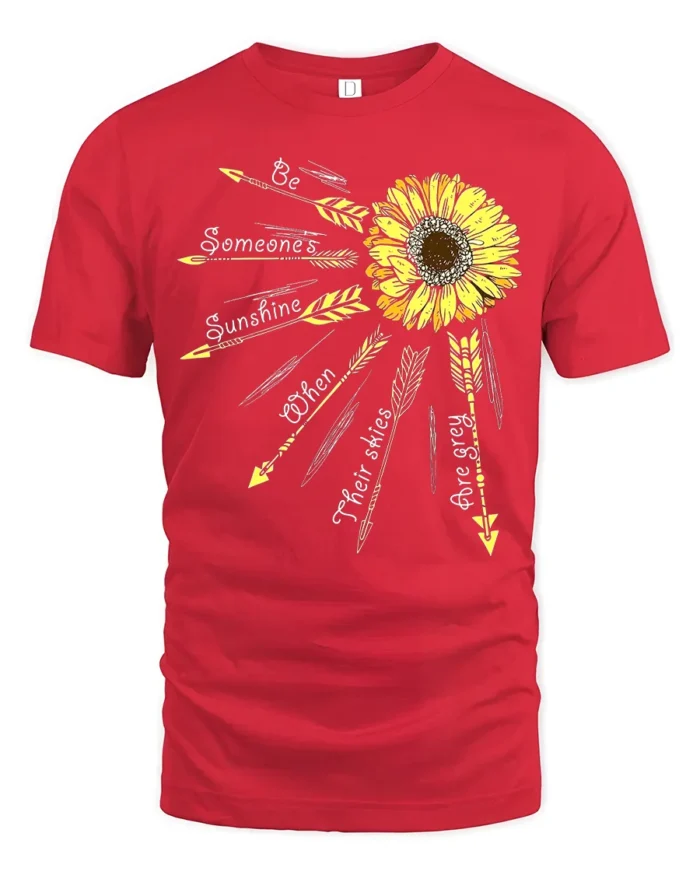 Sunshine Quote T-Shirt with Arrows and Sunflower Art - red t-shirt on white background