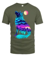 Neon Wolf Landscape Graphic T-Shirt for Nature Lovers - military green t-shirt on white background