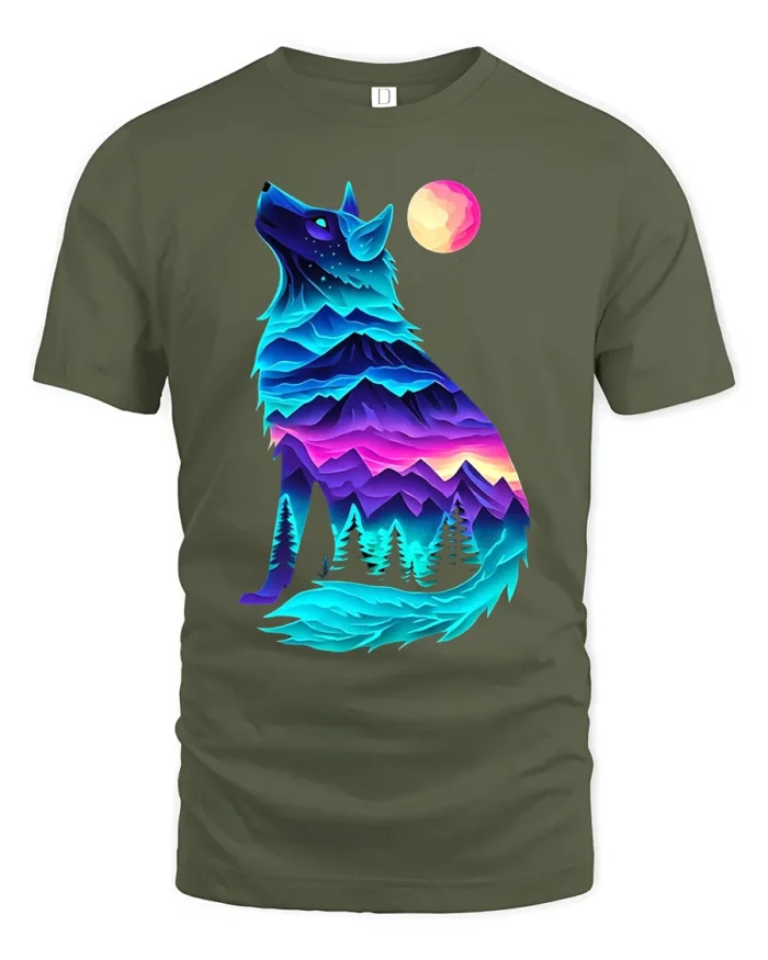 Neon Wolf Landscape Graphic T-Shirt for Nature Lovers - military green t-shirt on white background