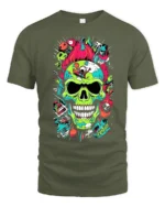 Neon Skull Explosion T-Shirt Colorful Punk Horror Tee - military green t-shirt on white background