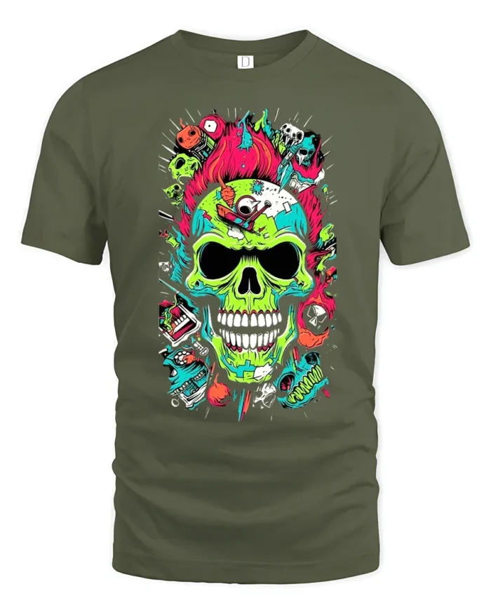 Neon Skull Explosion T-Shirt Colorful Punk Horror Tee - military green t-shirt on white background