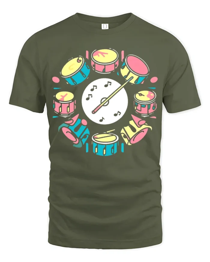 Colorful Drum Set Graphic T-Shirt Musician Gift Tee - military green t-shirt on white background